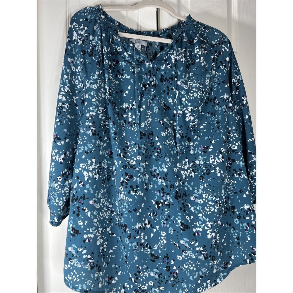 Croft & Barrow Top Womens Size 1X Blouse Teal Blue 3/4 Sleeve Spring‎ Tunic Art